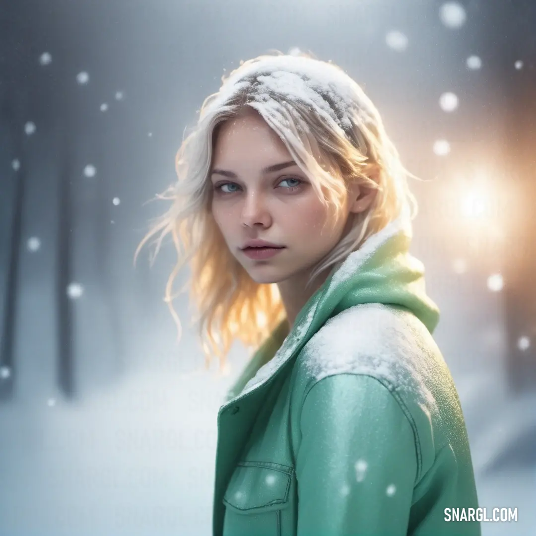 Woman in a green jacket is standing in the snow with a bright light behind her. Color Cadet blue.