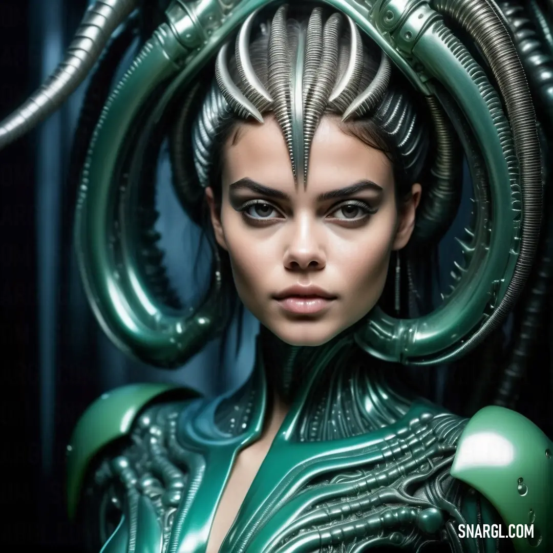 Woman with a weird hair and green makeup is wearing a futuristic outfit with horns on her head and a snake like headpiece