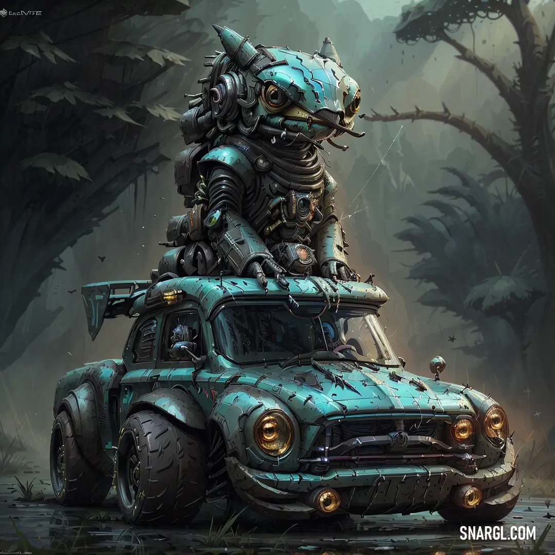 Car with a robot on top of it in a forest with trees and bushes in the background