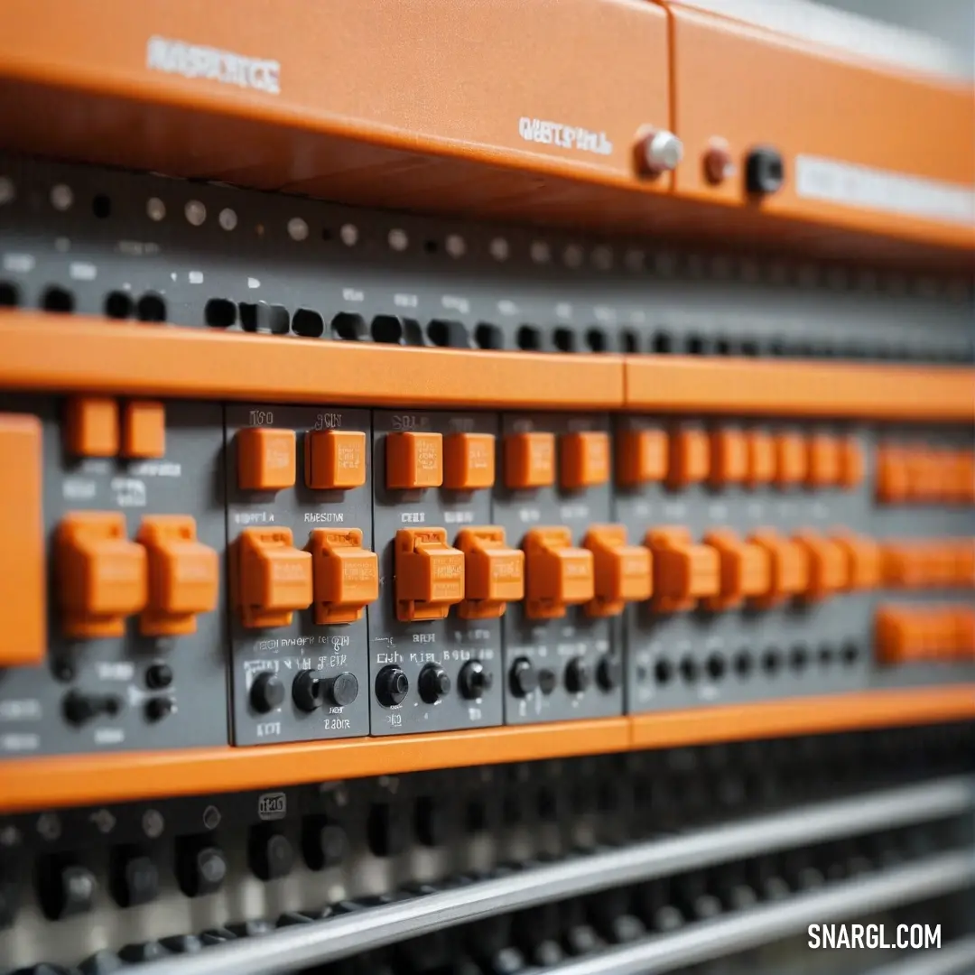 A detailed close-up showcasing an array of orange and black switches mounted on a wall, set against a backdrop infused with cadet blue tones, evoking a sense of modern technology in a dynamic environment.