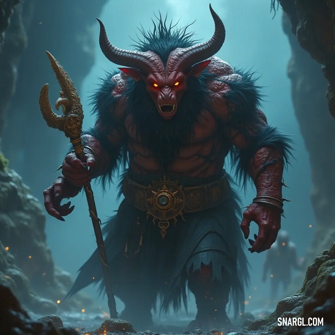 This imposing demon, crowned with horns and wielding a staff, stands majestically in a cave illuminated by a mystical glow. His formidable presence and ancient wisdom are palpable as he navigates through the shadows and light.