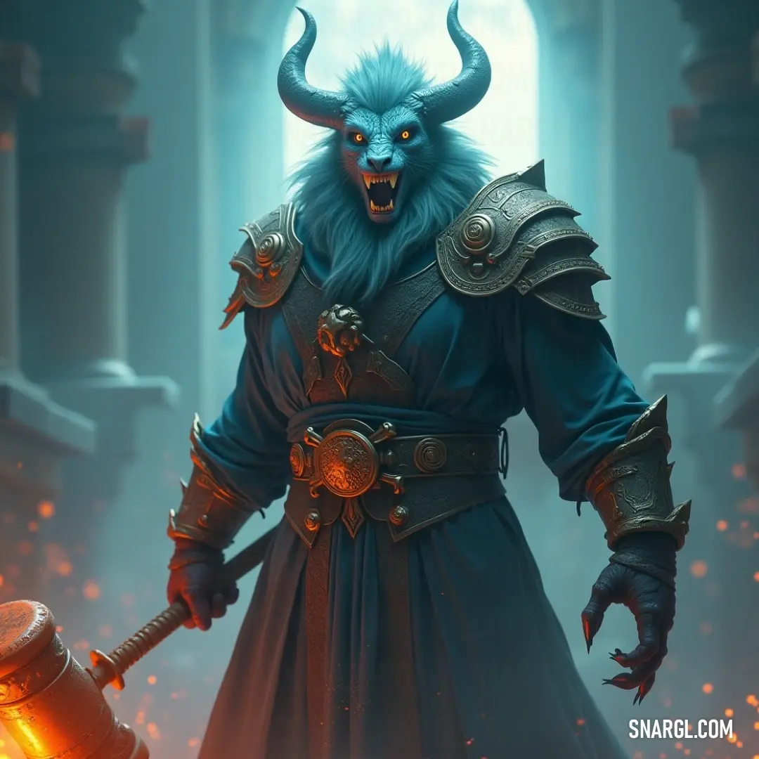 A robust demon with majestic horns and a long beard stands firm, gripping a hammer that reflects a soft, glowing light. The dramatic backdrop adds intensity to this captivating character, whose presence exudes power and mystery.