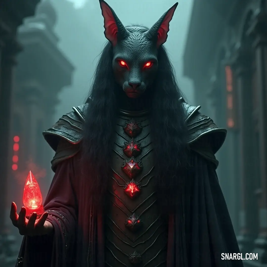 A striking figure emerges from the shadows, his demonic features accentuated by the flickering candlelight. With red glowing eyes set against a dark costume, he embodies an eerie yet captivating character, poised in a moment of intensity.