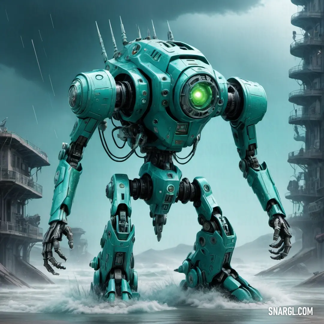 Green robot with a green eye standing in the water with a building in the background and a dark sky