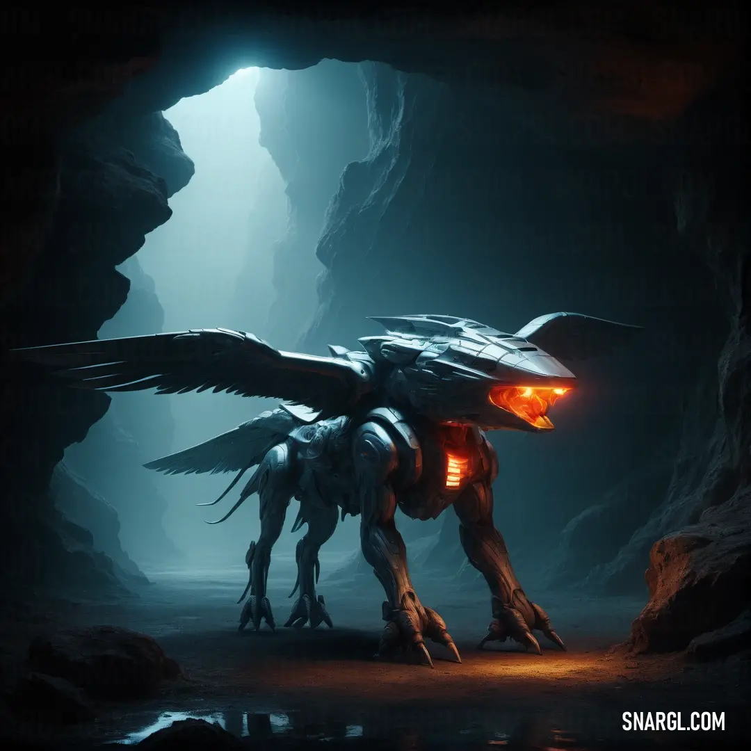 Large bird with wings standing in a cave with a light on its face and a dark background