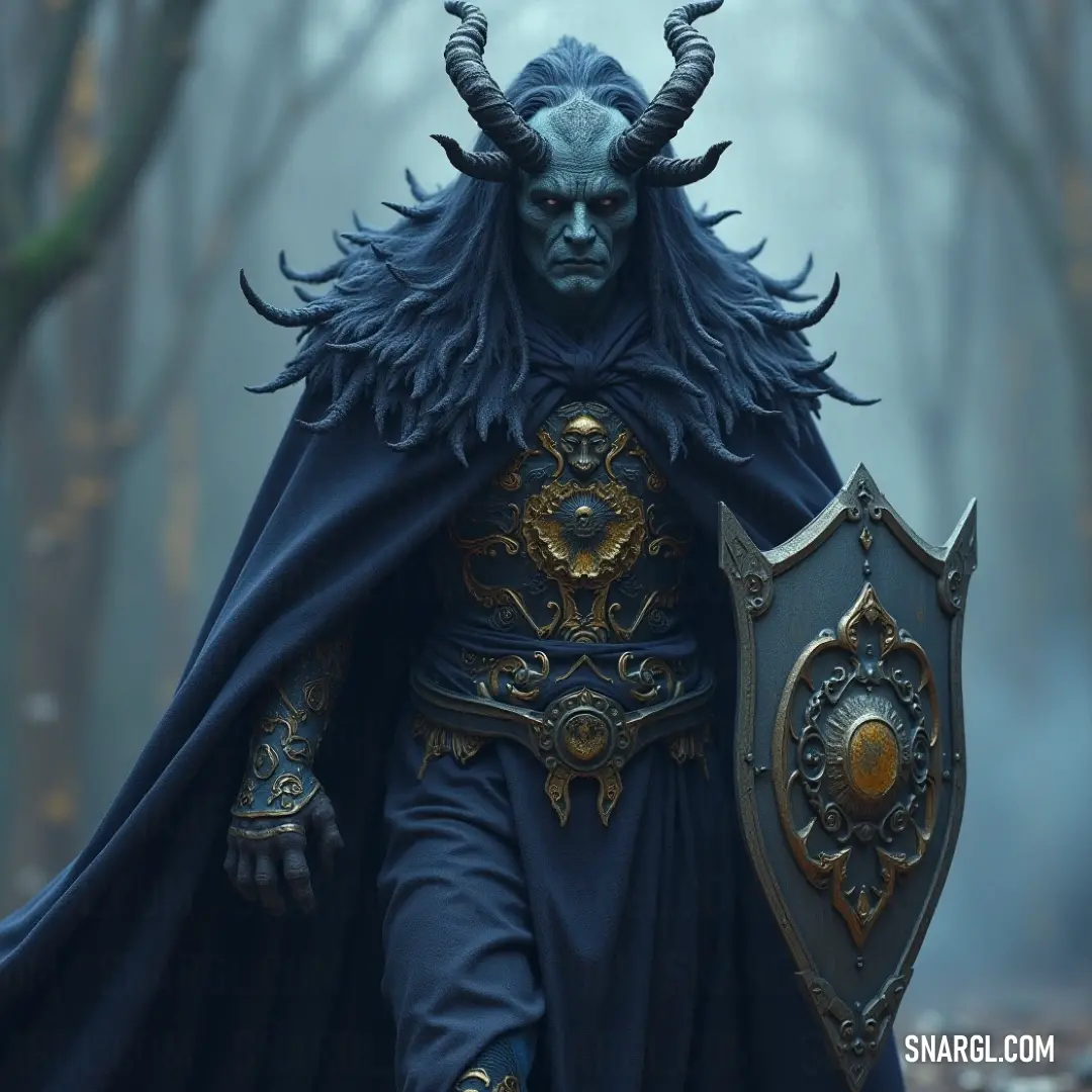 A striking male figure in a blue costume adorned with horns strides confidently through a lush forest, his shield gleaming as rays of sunlight filter through the trees, setting a scene alive with wonder and bravery.