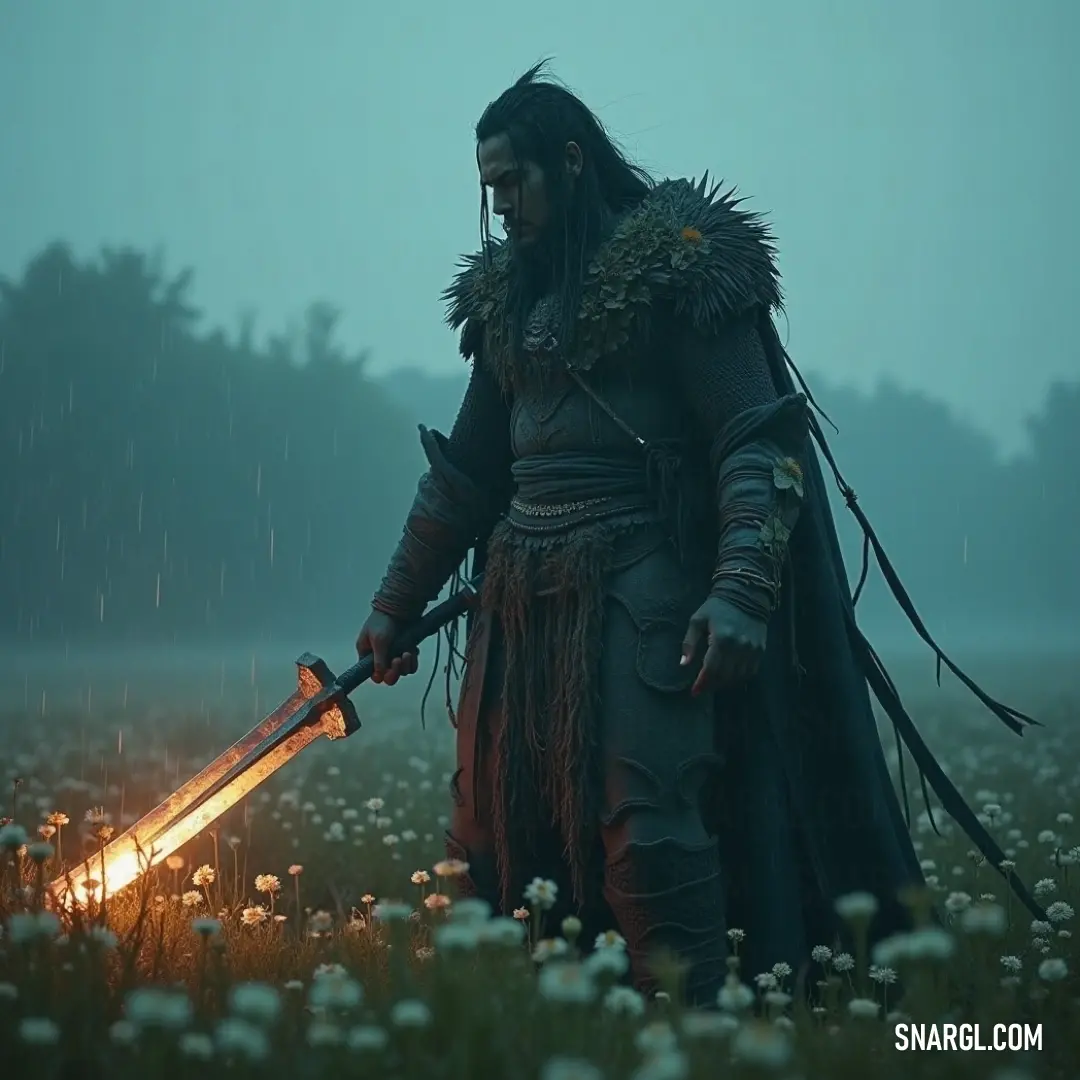 A heroic figure stands boldly in a vast field, clutching a gleaming sword aloft. A warm light radiates from his grasp, cutting through the thick, mysterious fog that envelops the landscape, creating a sense of enchantment and adventure.