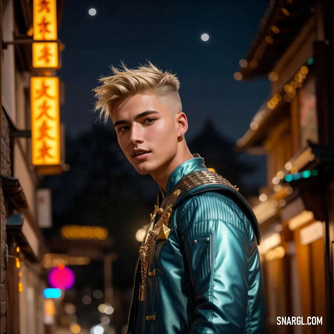 Man with a mohawk standing in front of a building at night with a neon sign in the background