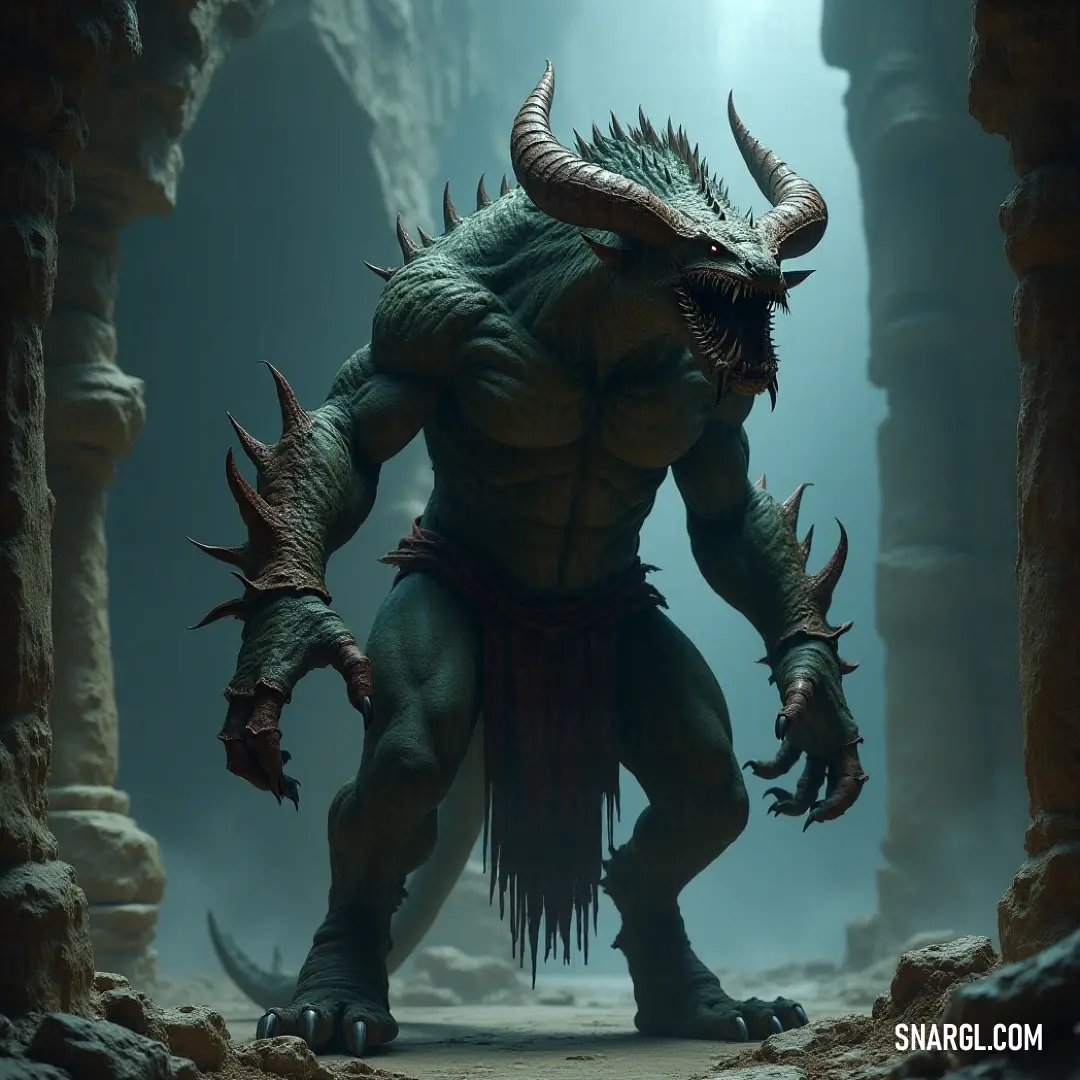 A magnificent creature with enormous horns and a hulking body stands dominantly in a mysterious cave, illuminated by a radiant light that casts a spellbinding glow over its demon-like features, emanating both power and mystery.