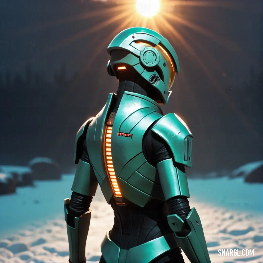 Robot standing in the snow with the sun shining behind him and his back turned to the camera. Example of #5F9EA0 color.