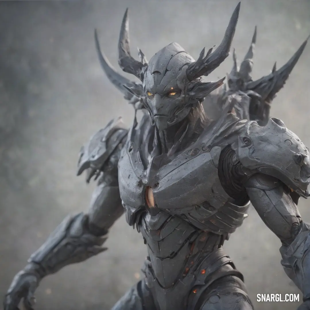 A robot with intricate horns on its head and body stands in front of a misty, fog-covered background, its cold metallic form adding to the mysterious and surreal atmosphere.