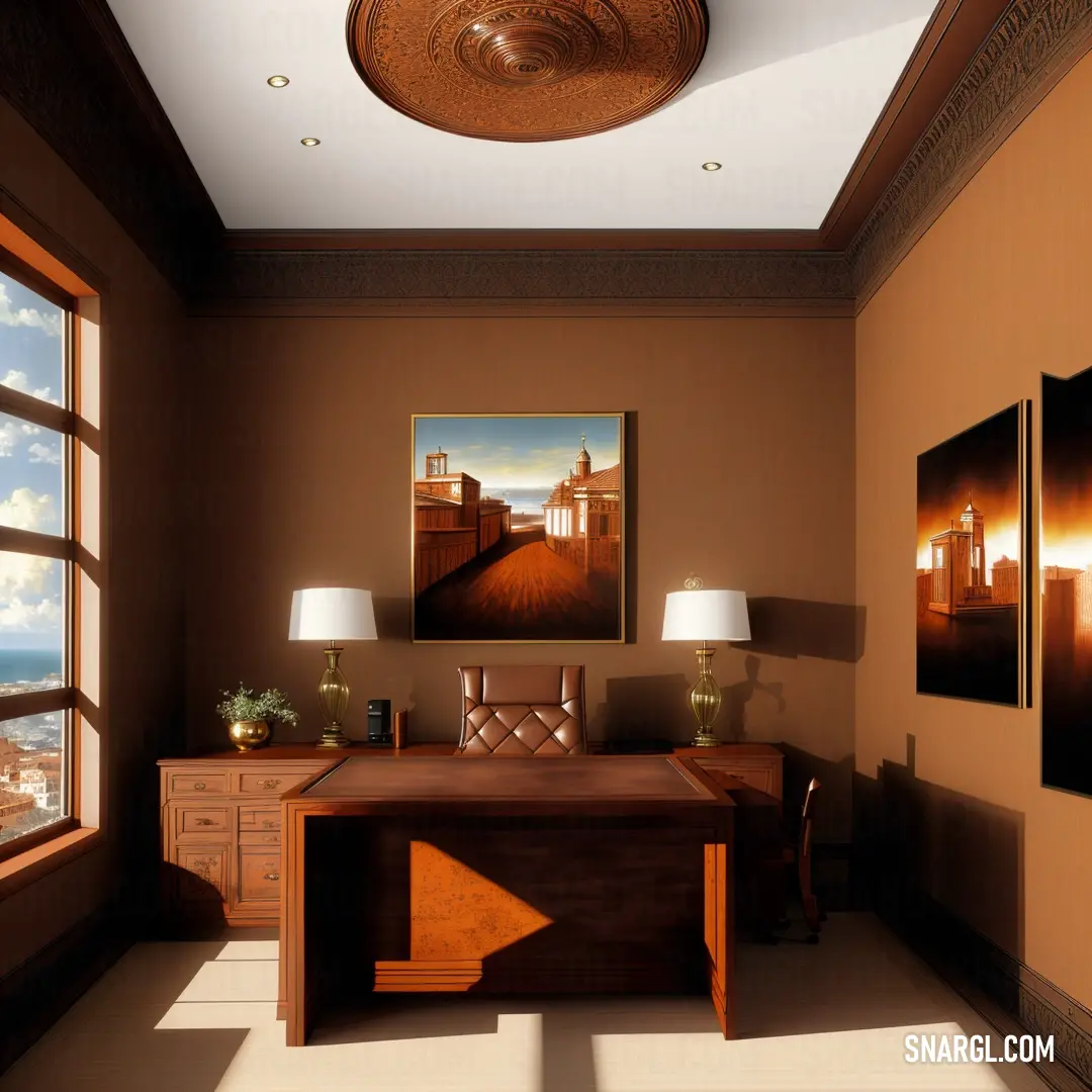 A modern room with a stylish desk, two lamps illuminating the space, and a painting hung above, creating a harmonious atmosphere. The room is balanced and filled with soft, ambient lighting.