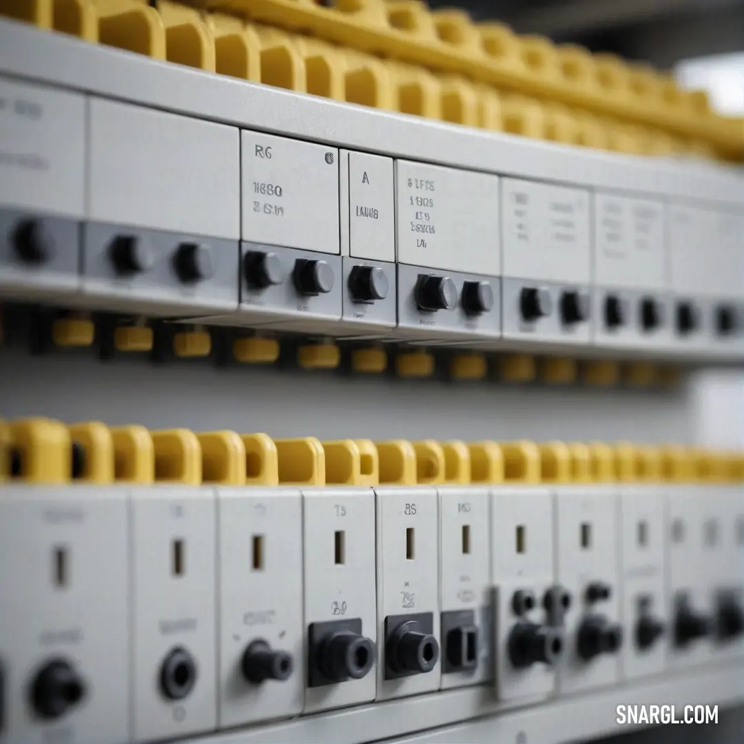 A series of switch boxes equipped with vibrant yellow and black switches, artfully arranged against a contrasting black and white button, embodying a playful yet functional design in modern utility.