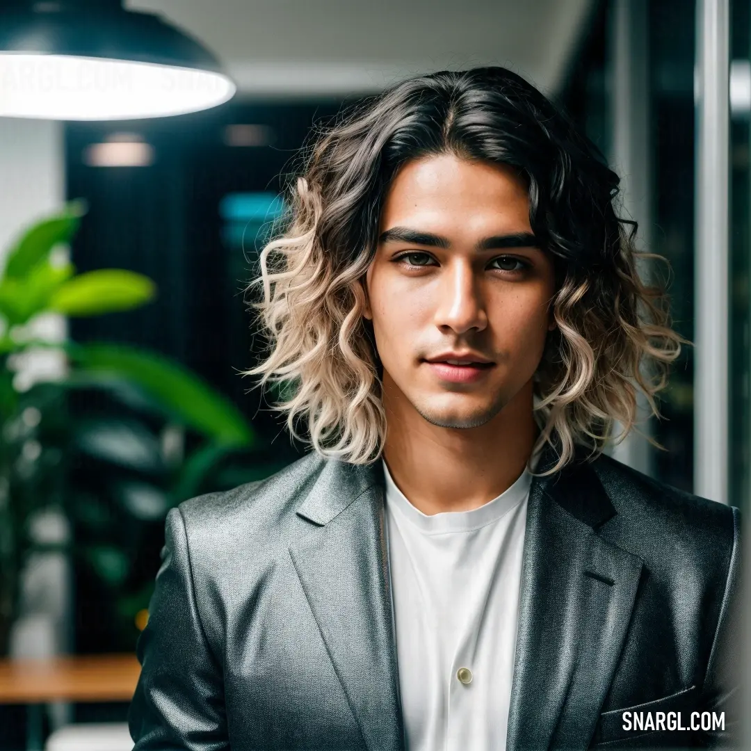 Man with a long curly hair wearing a suit and white shirt in an office setting with a plant in the background