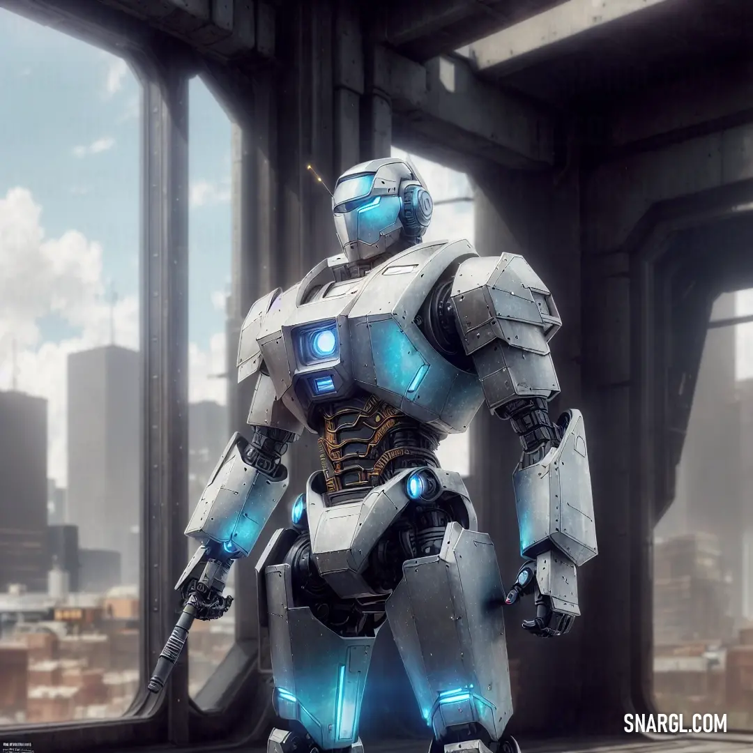 Robot standing in front of a window in a city setting with a sky background