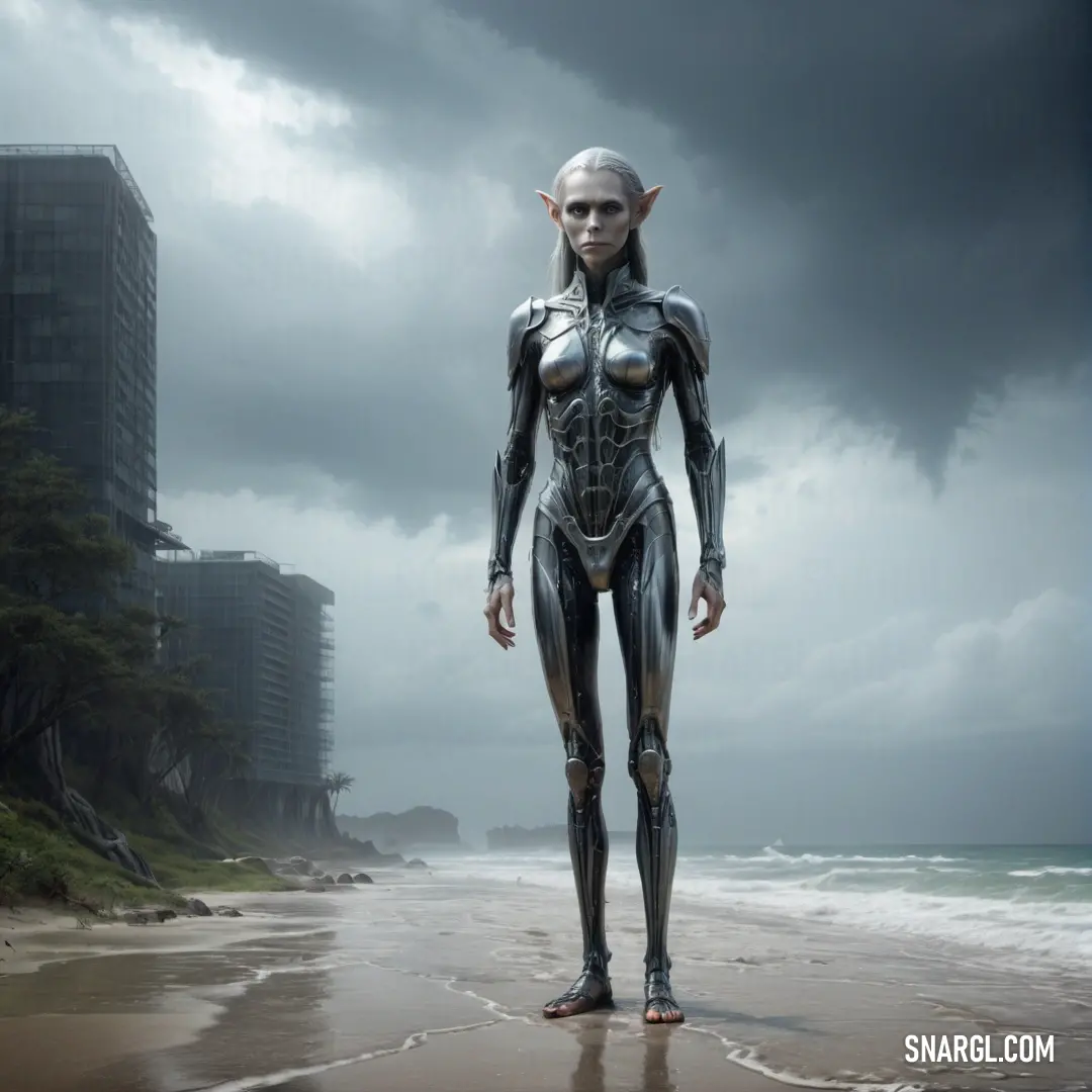Woman in a futuristic suit standing on a beach next to the ocean with a city in the background
