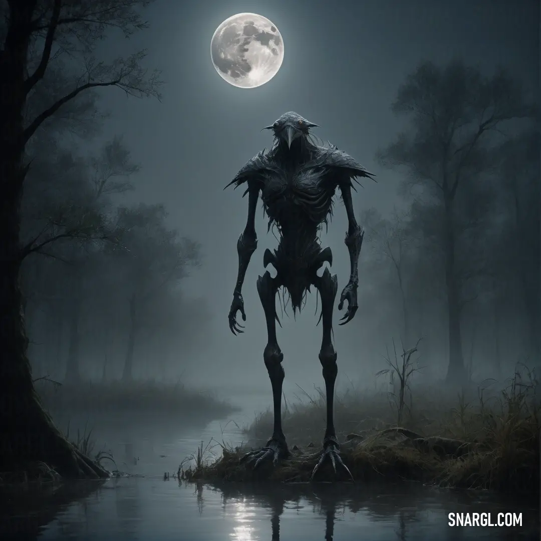 Creepy creature standing in the middle of a swamp at night with a full moon in the background
