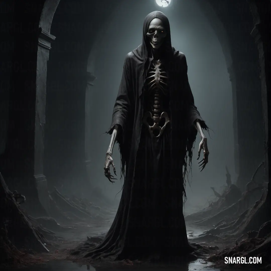 Skeleton in a black robe and a light above his head in a dark tunnel with a clock on top