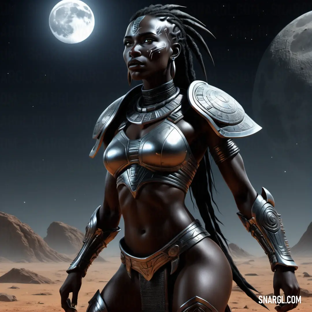 Woman in a futuristic space suit standing in front of a moon and a full moon sky