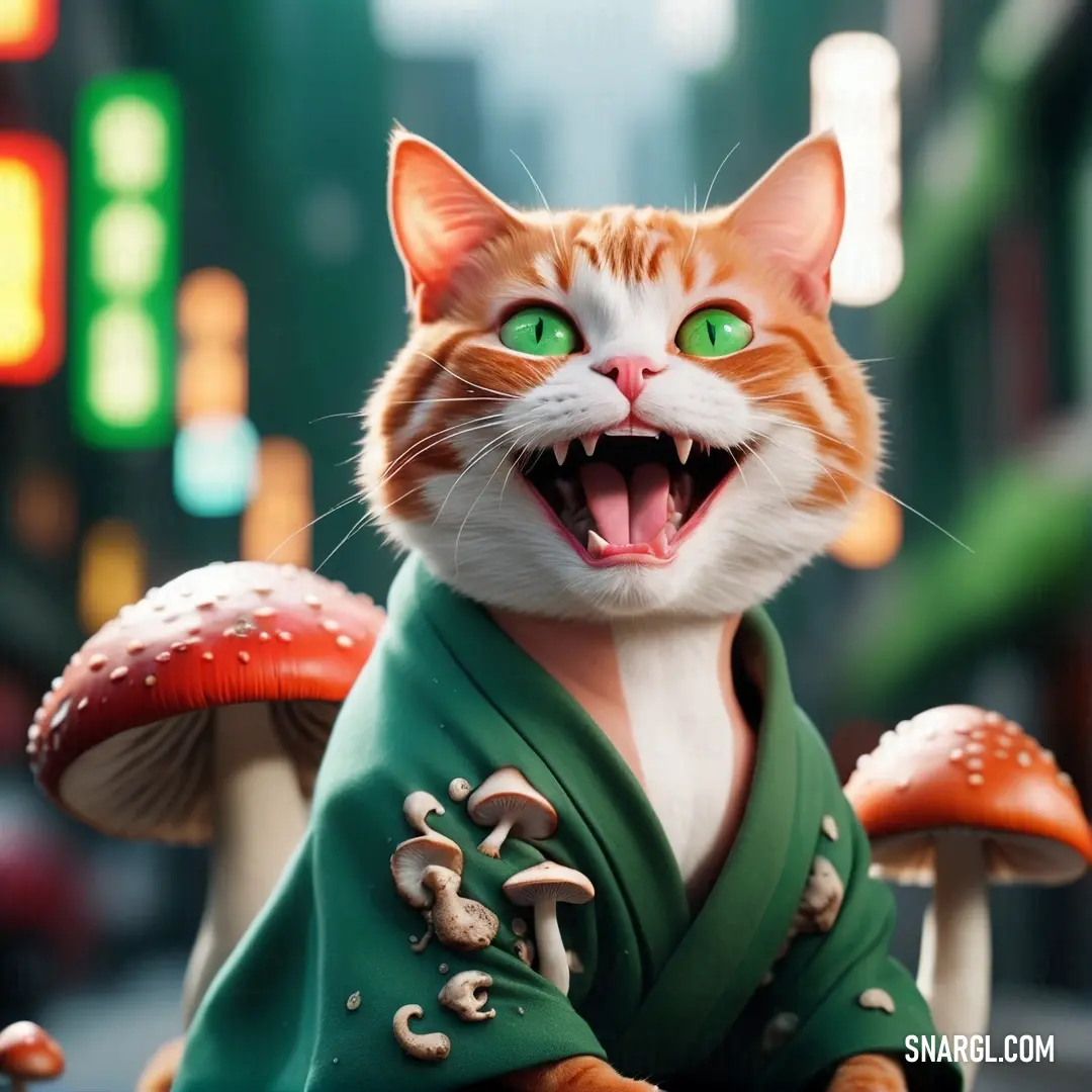 Cat with green eyes and a green kimono is on a mushroom - covered bench in a city. Color Cadmium green.