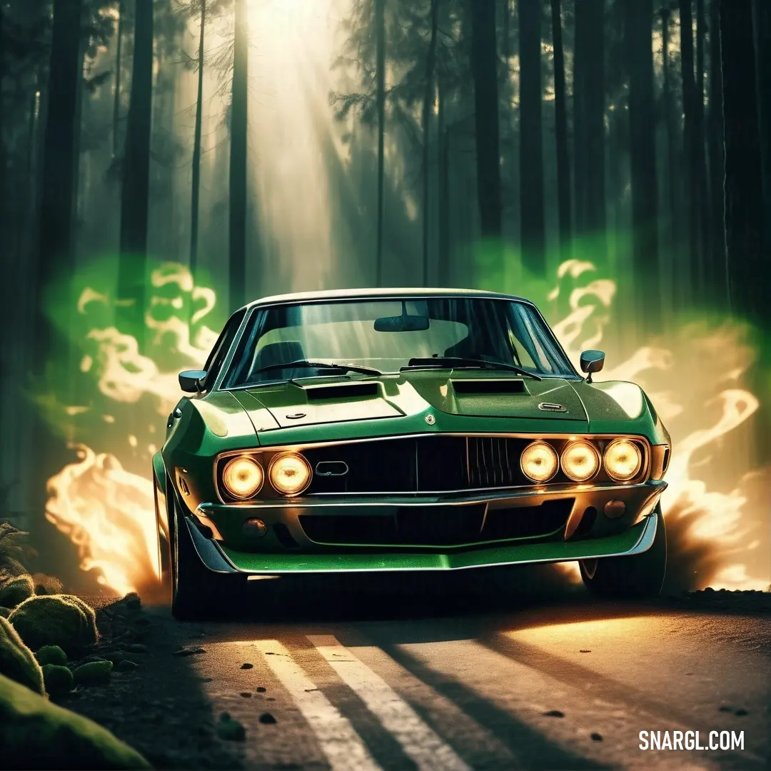 Green car driving down a road with a lot of fire coming out of it's headlights