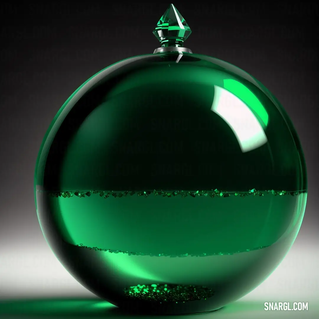 Green glass ball with a green stripe on it's side and a green diamond on top of it