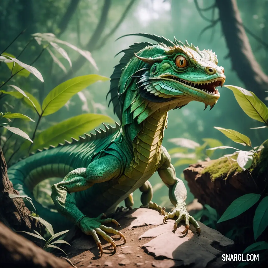 Cadmium green color example: Green lizard on a rock in the jungle with leaves around it's neck and eyes open