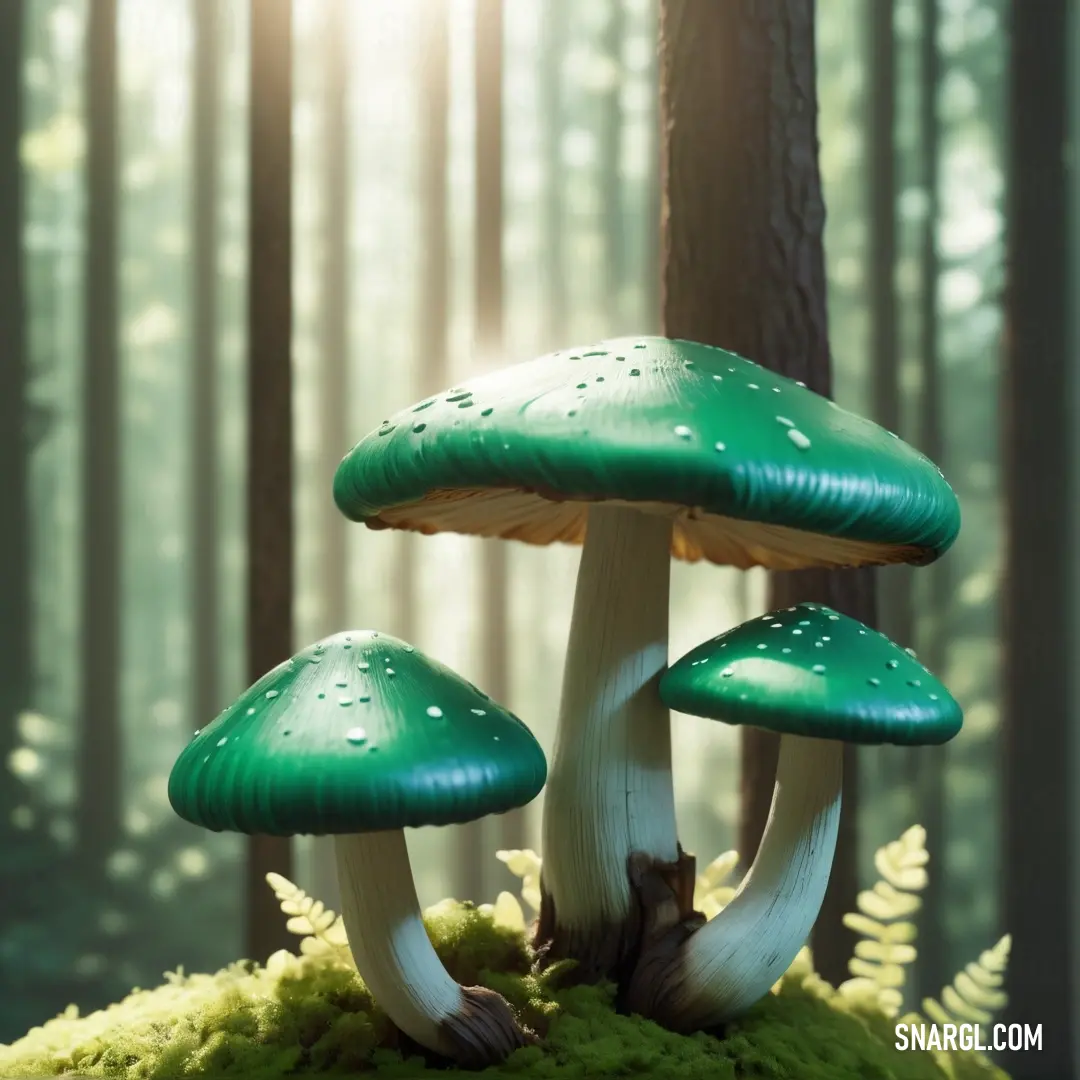 Group of mushrooms on top of a lush green forest floor covered in mossy grass and sunlight. Color RGB 0,107,60.