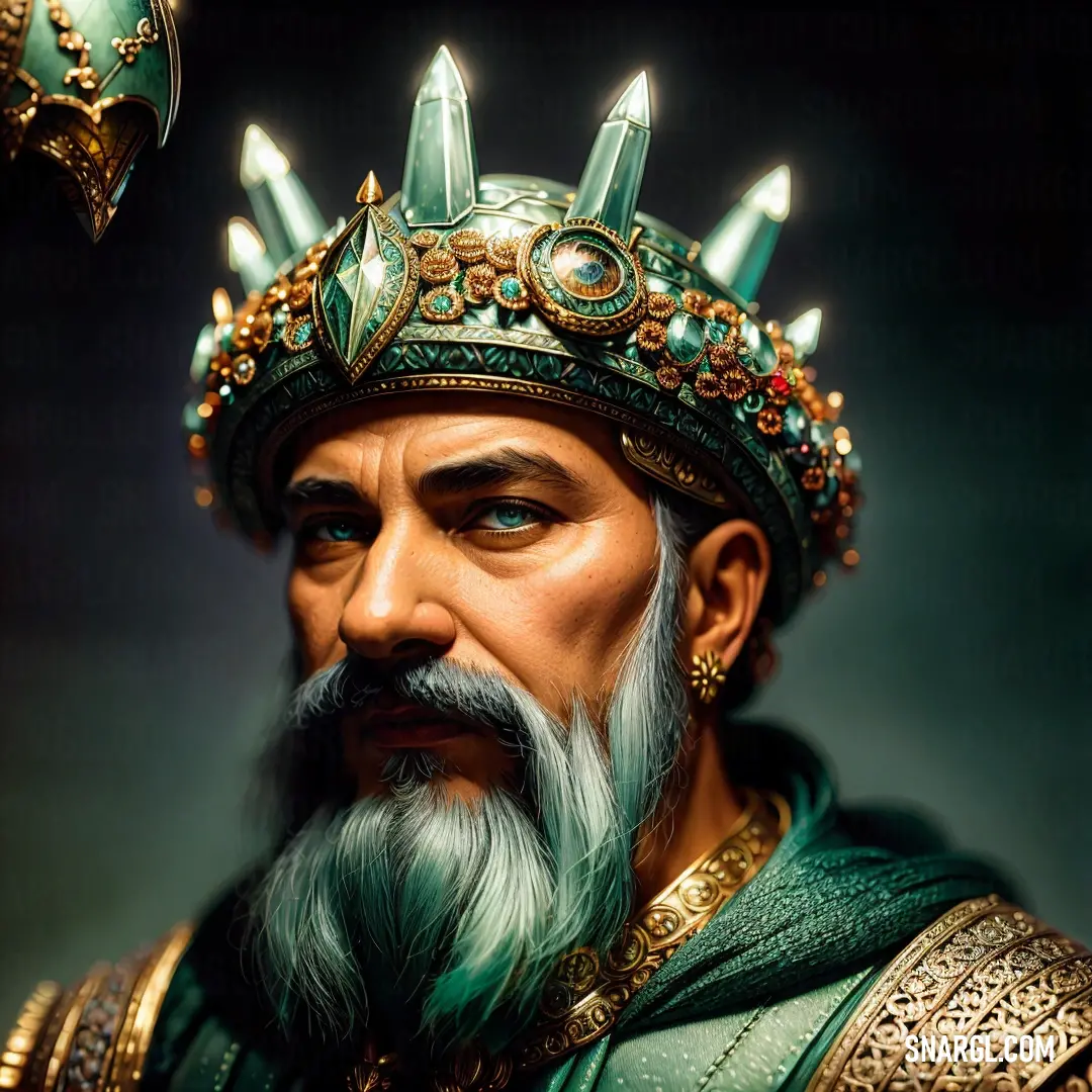 Man with a beard wearing a crown and a green robe and gold trimmings