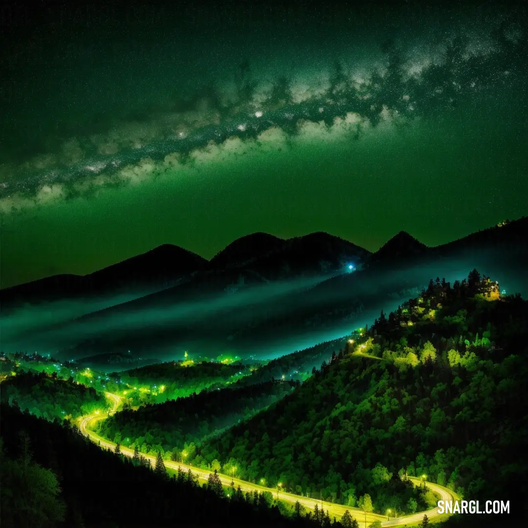 Night time view of a mountain with a road going through it and a green sky with stars and clouds