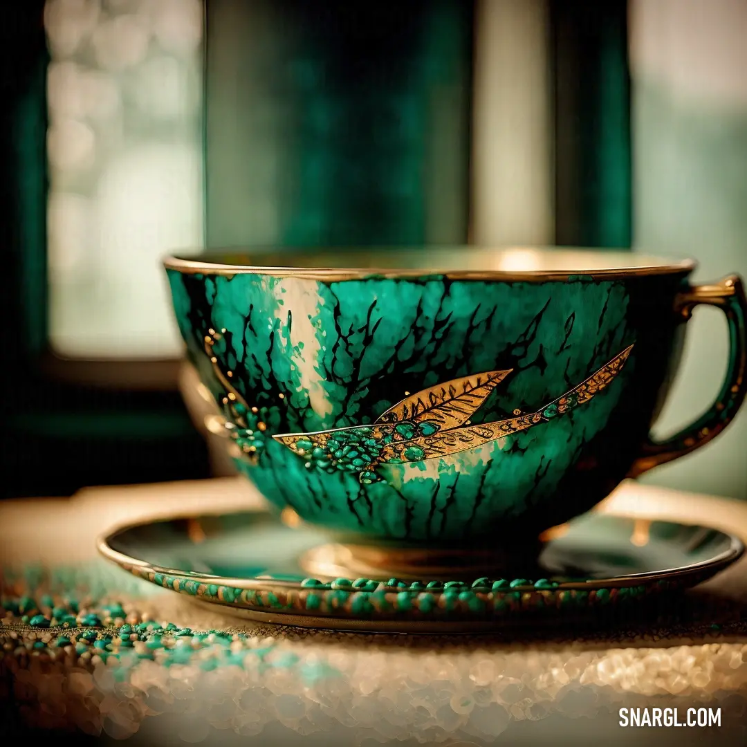 Tea cup and saucer with a gold rim and a green leaf design on it