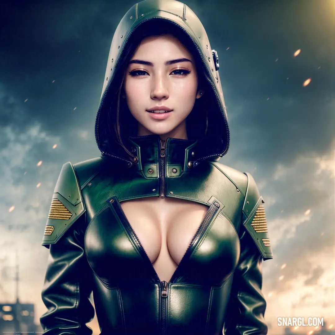 Woman in a green leather outfit with a hood on her head and a city in the background with a lightning