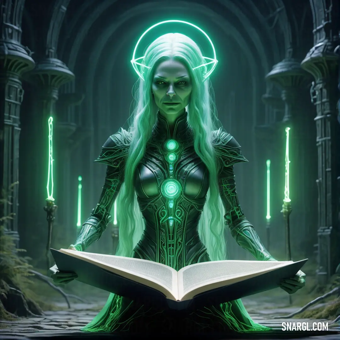 Woman in a green outfit is reading a book in a dark room with green lights and a green light. Example of #006B3C color.