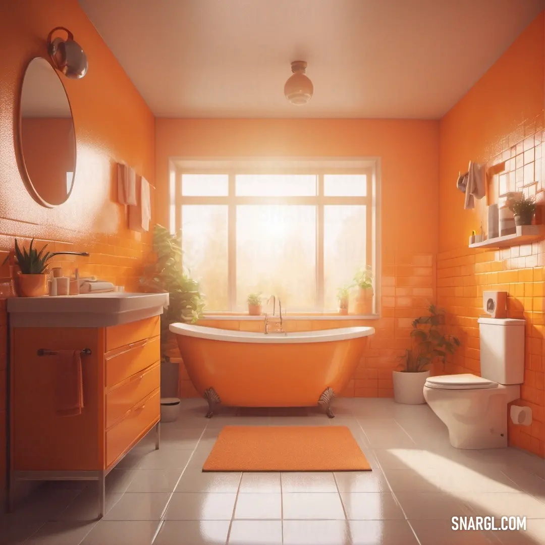 Bathroom with a large orange bathtub and a toilet and sink in it. Example of CMYK 0,43,81,7 color.