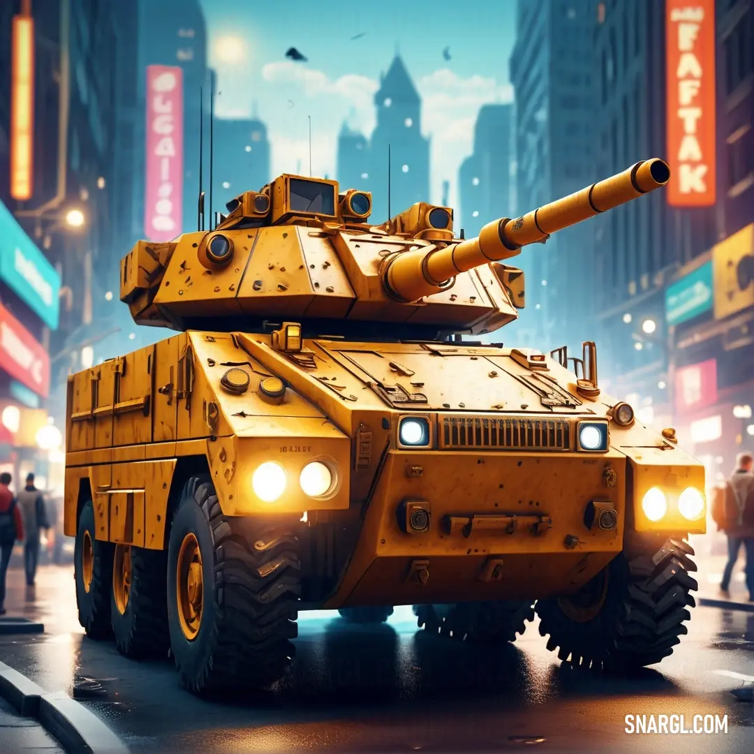 Yellow armored vehicle driving down a street in a city at night with people walking around it and a bird flying overhead