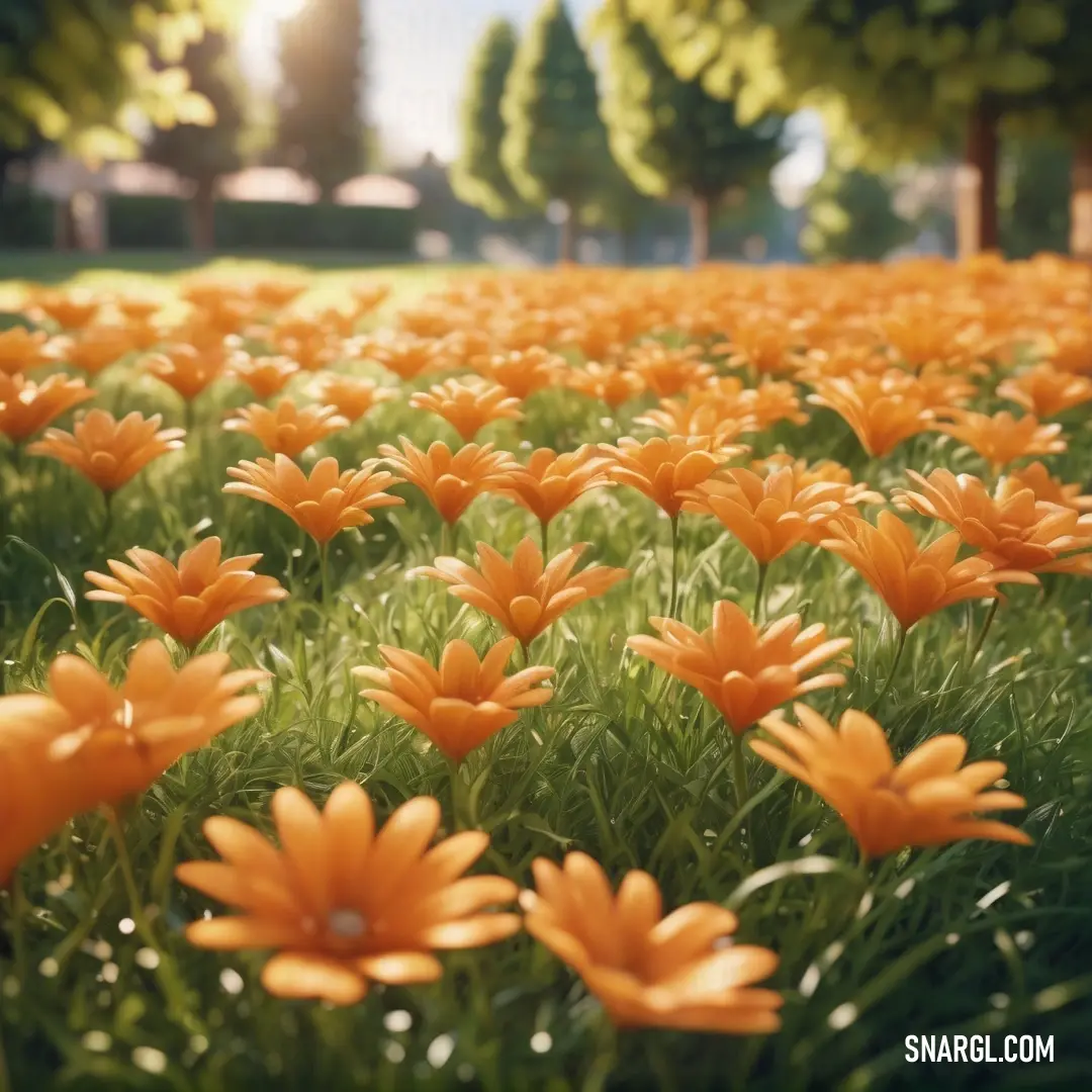 Cadmium orange color. Field of orange flowers in the middle of a park with trees in the background