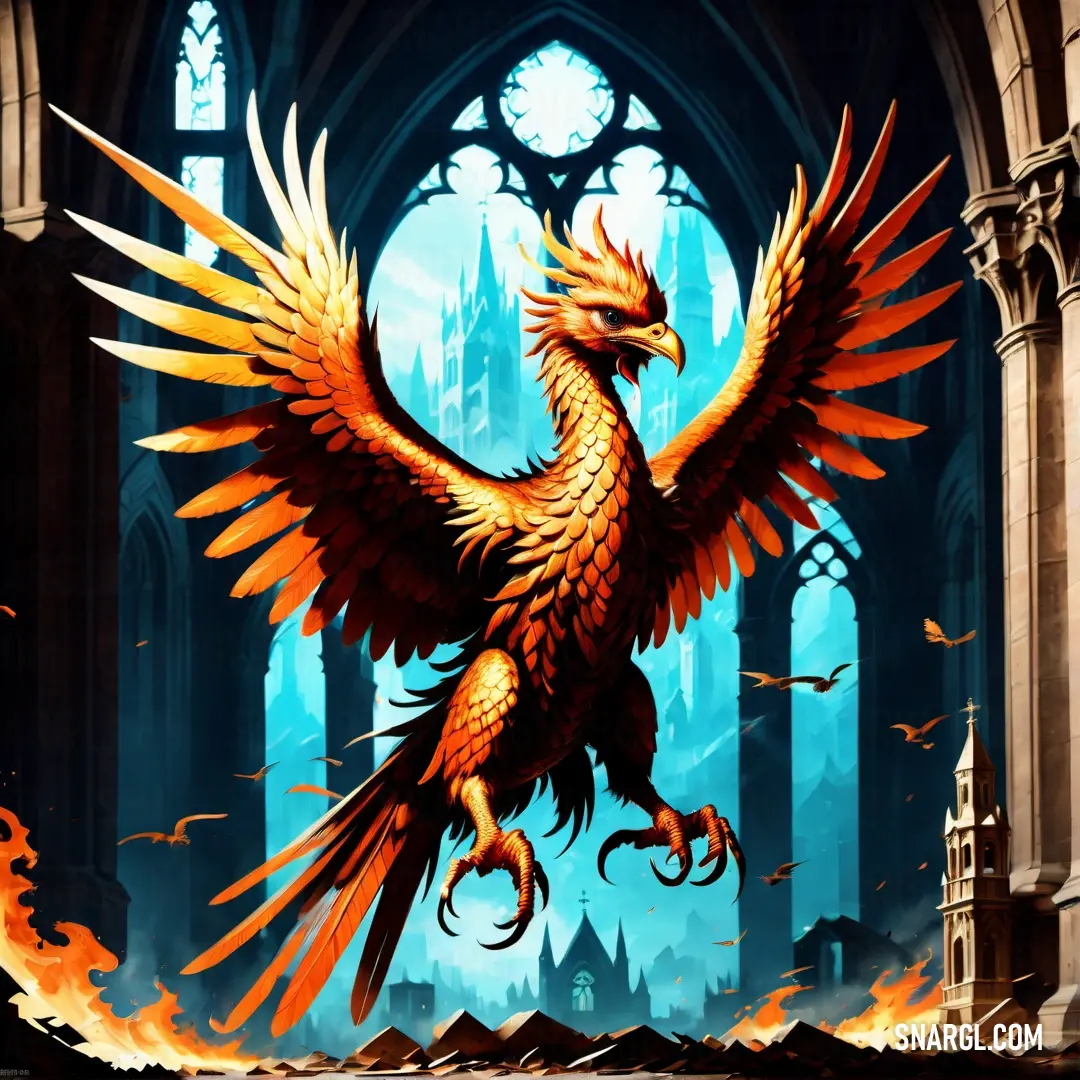 Golden bird with orange wings is in front of a gothic - styled building with a clock tower. Color CMYK 0,43,81,7.