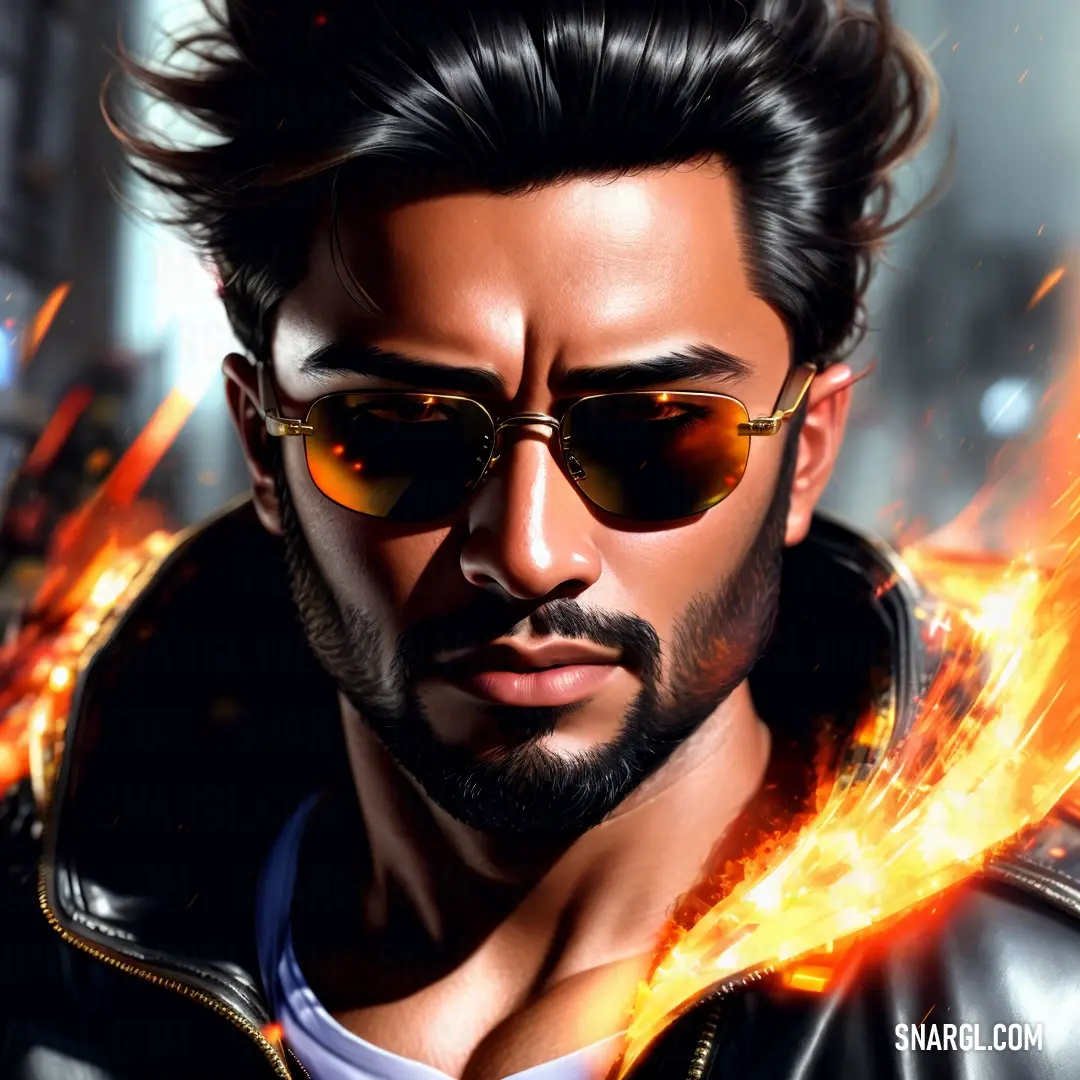 Man with a beard and sunglasses on a street with fire coming out of his eyes and a black jacket
