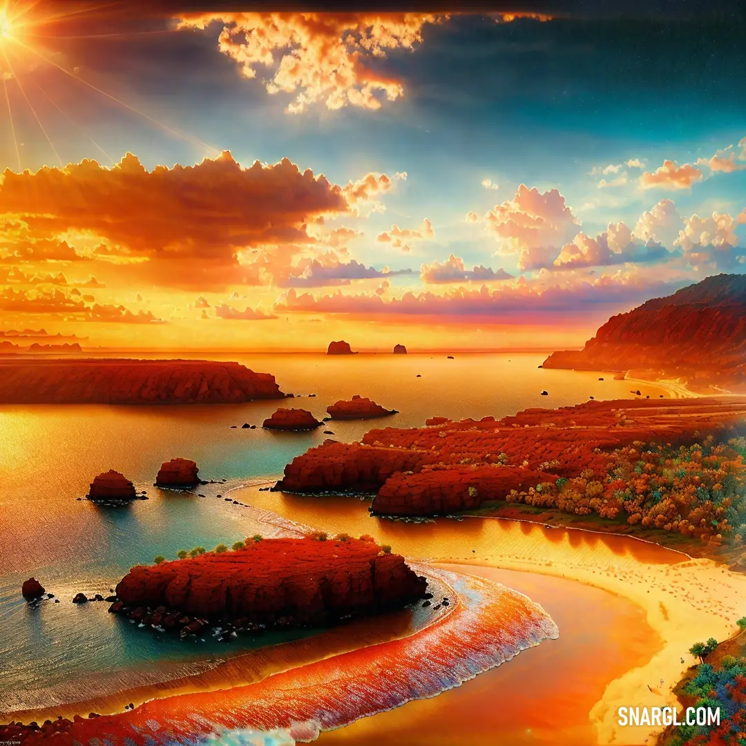 Painting of a sunset over a beach with a body of water and a rocky shoreline with a few small islands