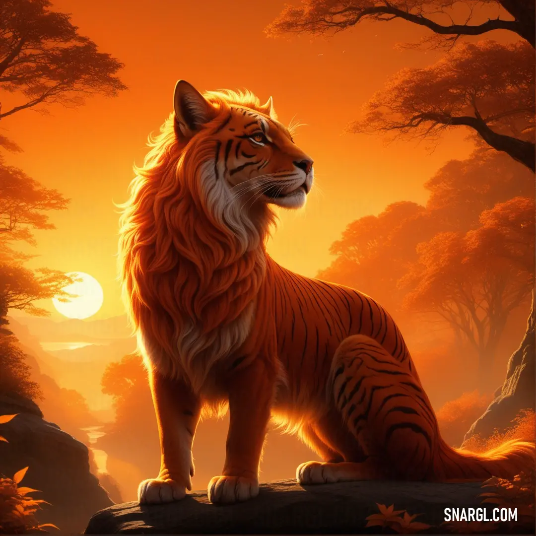Tiger standing on a rock in a forest at sunset with the sun setting behind it and trees in the background
