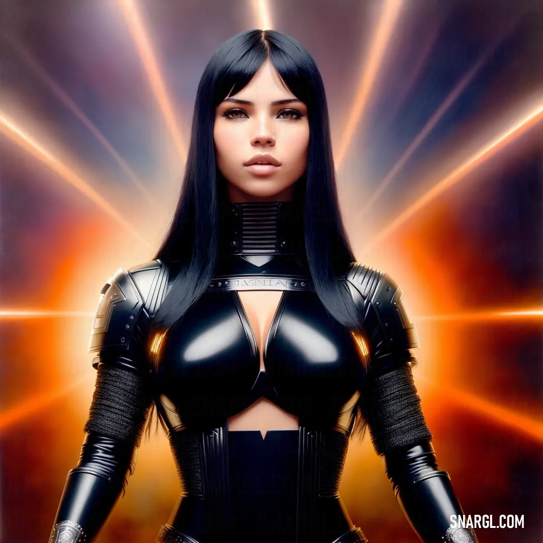 Woman in a black leather outfit with a futuristic background