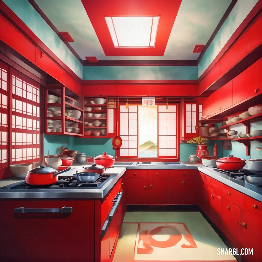 Kitchen with red cabinets and a red stove top oven and a red counter top with pots and pans on it. Example of RGB 227,0,34 color.
