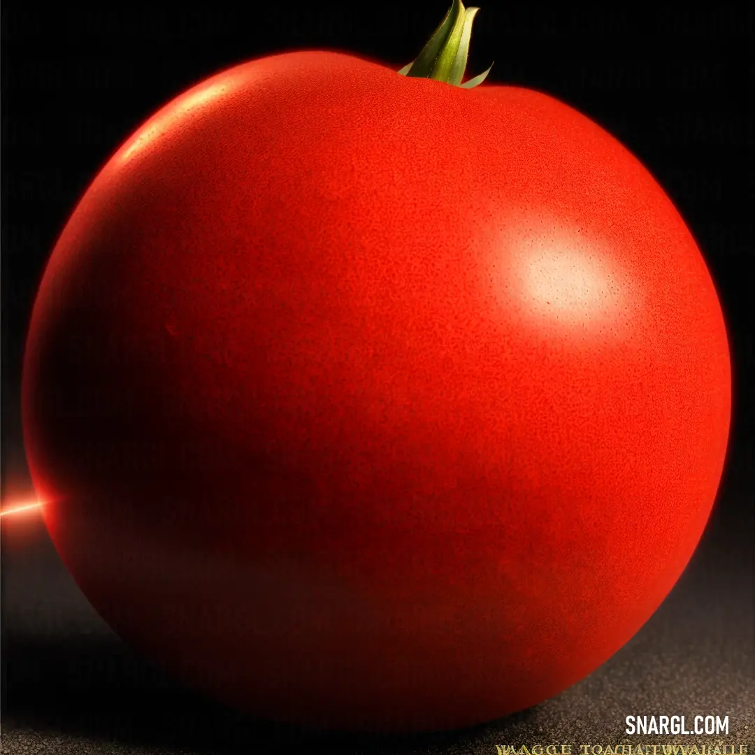 Large red tomato with a green stem on a black background with a shadow of the tomato on the surface