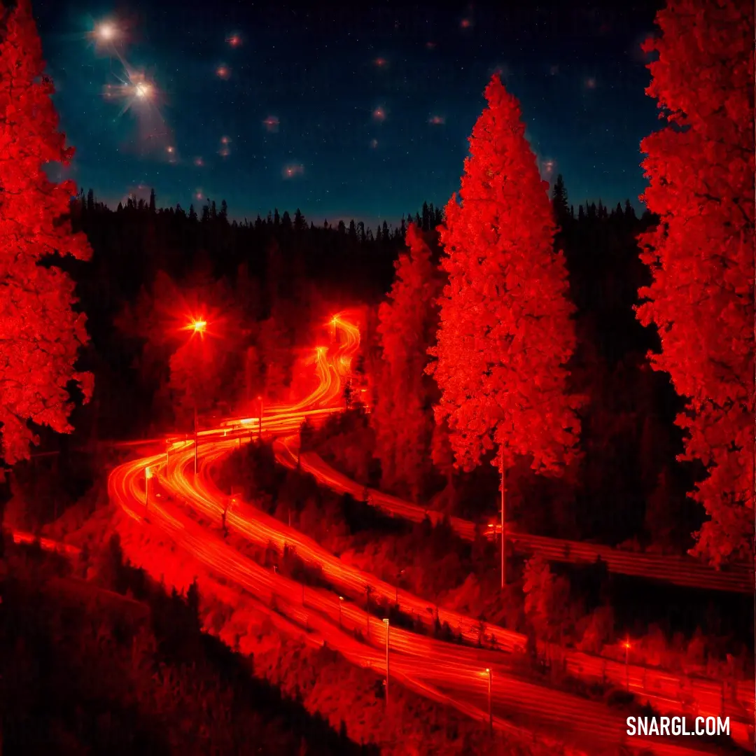 Night time picture of a road with red lights and trees on both sides of the road and a full moon in the sky