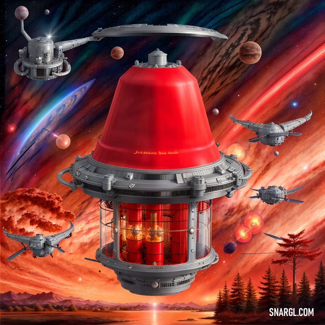 Painting of a red space ship with a red light on it's side and other ships in the background