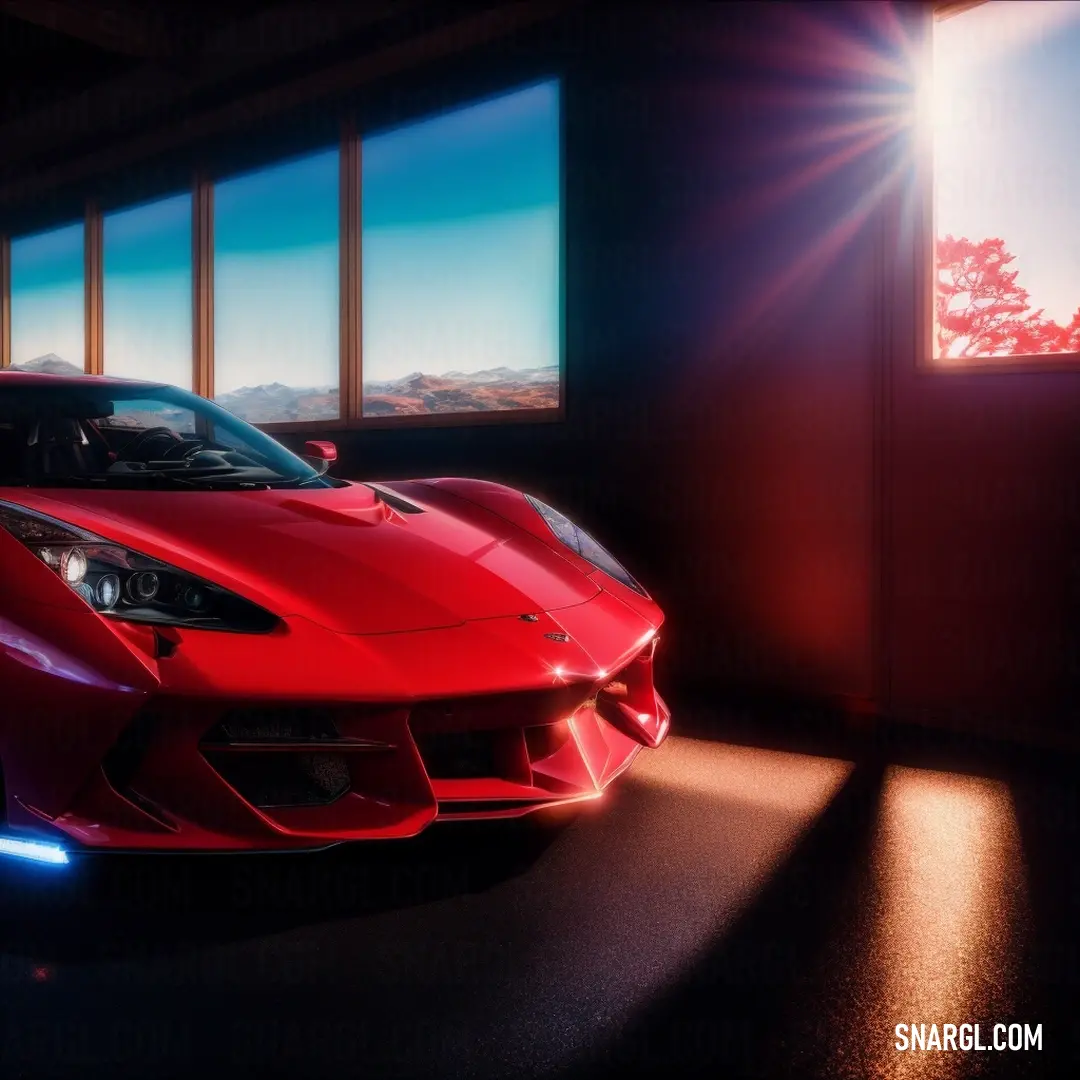 Red sports car parked in a dark room with a bright light coming through the window and a mountain view