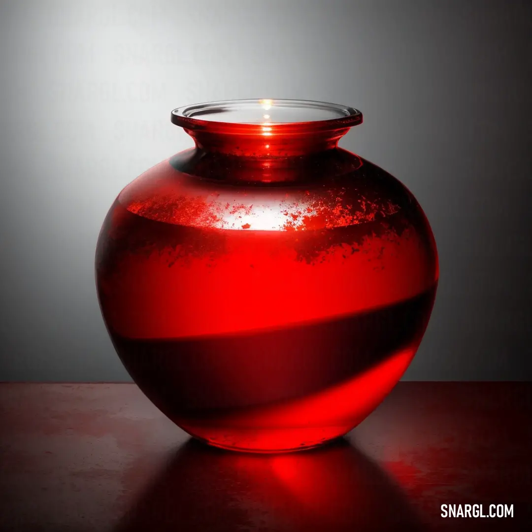 Red vase with a candle inside of it on a table top with a gray background behind it and a light shining on the top