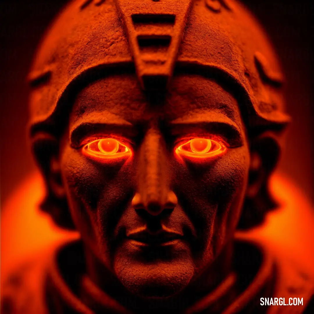 Statue with red eyes and a helmet on it's head is shown in a red light photo