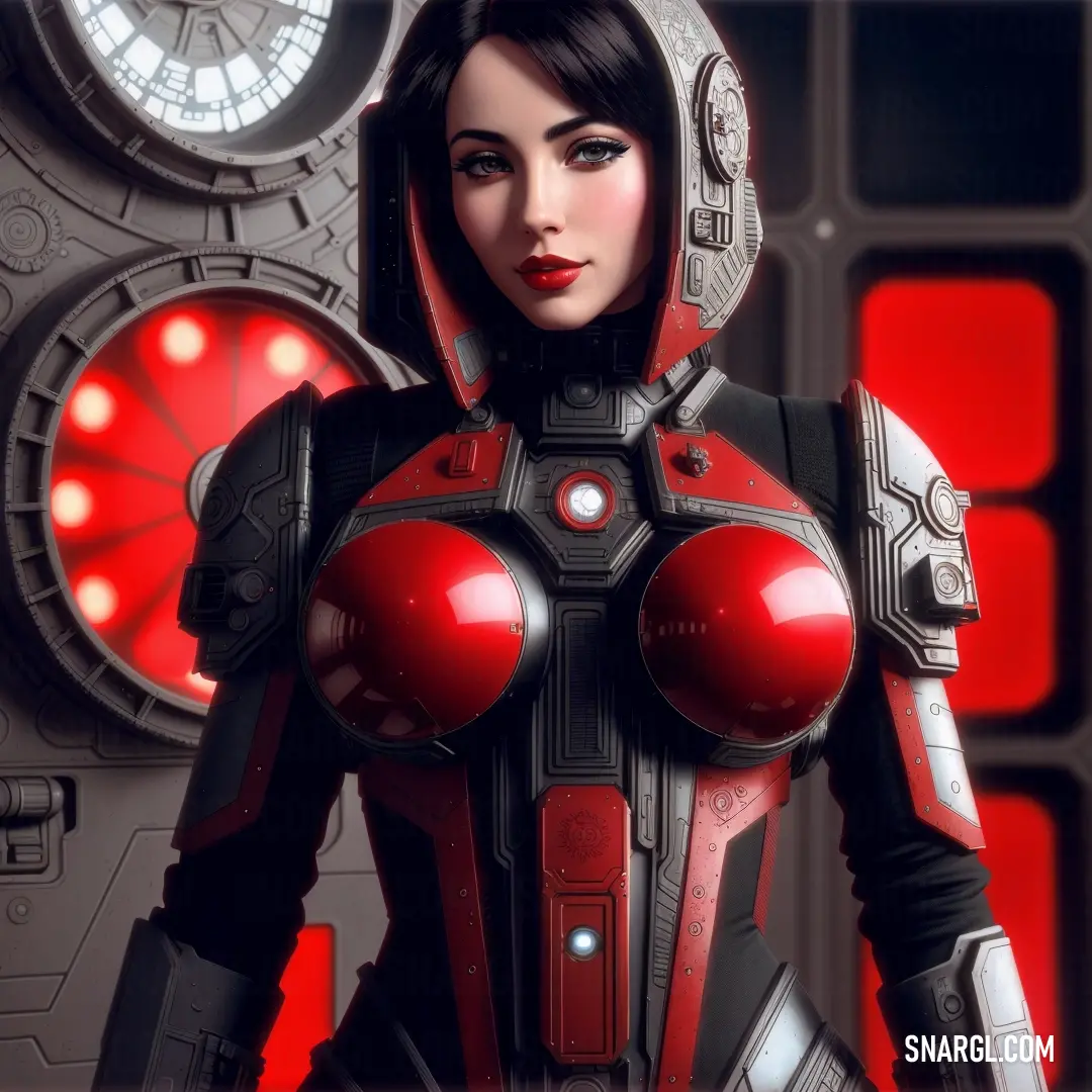 Woman in a futuristic suit standing in front of a clock tower with red lights on it's face