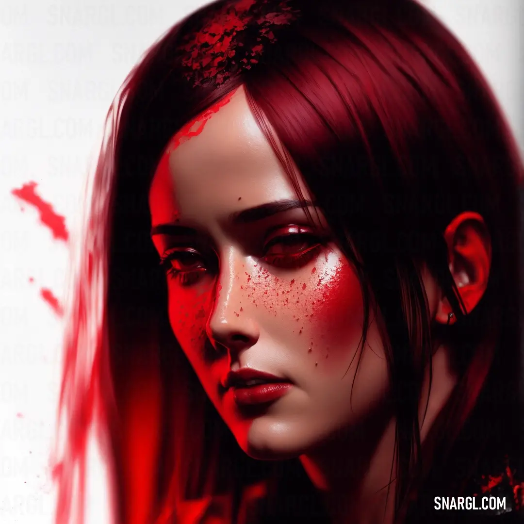 Woman with red hair and red makeup is staring at something red and white is in the background